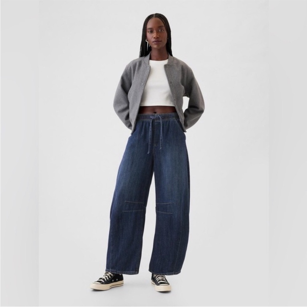GAP Fast Horseshoe Dark Indigo Barrel Jeans Elastic Waist L 12 14 Large Tall LT